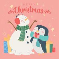 desenho animado de boneco de neve e pinguim kawaii vetor de cartão de feliz natal