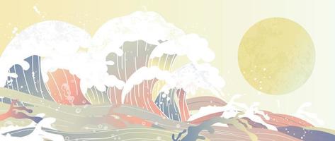 vetor de padrão de onda japonês tradicional. padrão de respingo de ondas marinhas de aquarela oriental pintado à mão e fundo da lua. ilustração de design de arte para impressão, tecido, pôster, decoração de casa e papel de parede.