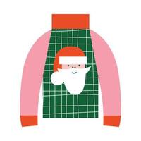 suéter quente e feio de natal com papai noel, chapéu de pele e barba. roupas de ano novo com símbolos de férias de inverno. vetor