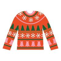 suéter quente e feio de natal com enfeite de árvore, flocos de neve e sino. roupas de ano novo com símbolos de férias de inverno. vetor