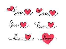 letras de mão dia dos namorados amor coração tipografia conjunto citações caligrafia fundo do cartão de dia dos namorados vetor