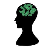 um perfil negro, paranóia, empresário, ícone de dólar, sinal, símbolo, pensamentos sobre dinheiro, vetor