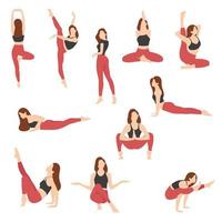 ilustração em vetor garota esportiva. conjunto de poses de ioga. alongamento meninas. esporte feminino, mulheres em ilustração vetorial plana de roupas esportivas