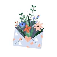 flores na ilustração isolada do envelope de papel. correio floral de primavera. conceito de design vetorial para dia dos namorados, dia das mães, feriados do dia da mulher vetor