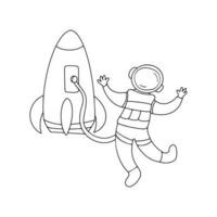 astronauta no espaço ao lado de um foguete. rabisco vetorial vetor