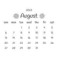 Calendário de agosto de 2023 com flores de girassol. desenho vetorial vetor