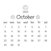 Calendário de outubro de 2023 com abóboras. desenho de rabiscos vetoriais vetor