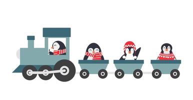 pinguins fofos andando em um vetor de trem