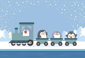 pinguim da família em um trem para o ártico vetor