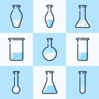 frascos de química de vidro. conjunto de nove tubos de vidro diferentes. vetor