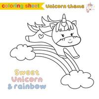página de planilha de coloração de unicórnio. atividade de colorir para crianças. ilustração de unicórnio fofo. contorno vetorial para colorir. vetor