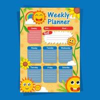 modelo de calendário de planejador semanal de desenho animado engraçado do sol vetor
