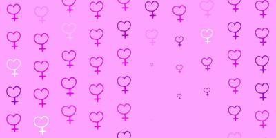 textura vector rosa claro com símbolos de direitos das mulheres.
