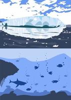 paisagem ártica com iceberg derretendo e geleiras flutuando no mar ou oceano. conceito de alerta global e mudança climática. paisagem da Groenlândia. modelo de vida subaquática. fundo do oceano com peixes. vetor