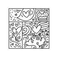 vetor corações de composição do logotipo dos namorados, bolo, resumo. amo texto manuscrito. construtor monoline desenhado à mão em moldura quadrada para cartão de felicitações