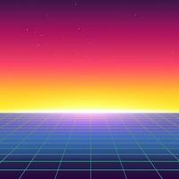 paisagem retrô synthwave no estilo dos anos 80. gráfico para música de onda retrô. capa do álbum. Projeto do horizonte de 1984. Ilustração futurista 3d vr para impressão. papel de parede colorido abstrato. vetor