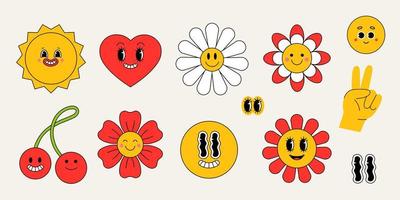 emoji moderno legal abstrato, personagens diferentes engraçados, adesivos retrô, patches e alfinetes. ilustração vetorial em estilo simples vetor