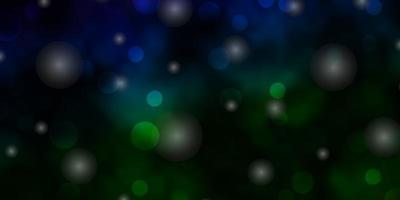 modelo de vetor azul escuro e verde com círculos, estrelas.