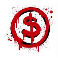 moeda de grafite pintada com spray em preto vermelho sobre branco. gotas de ícone de dólar pulverizado. isolado no fundo branco. ilustração vetorial vetor