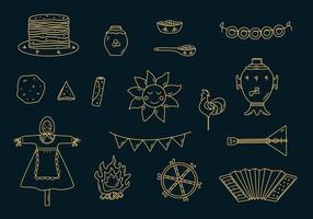 um conjunto de elementos doodle do dia da panqueca. ilustração em vetor de ícones do tradicional feriado russo maslenitsa. sol, espantalho, balalaika sanfona, samovar