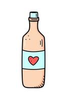 uma garrafa de vinho com um coração no rótulo. ilustração vetorial doodle, ícone de adesivo de feriado do dia dos namorados. vetor