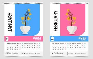 calendário de parede 2023 design criativo, layout de data vertical mensal simples para 2023 anos em inglês. Modelos de calendário de 12 meses, design moderno de calendário de ano novo. calendário corporativo ou empresarial. vetor