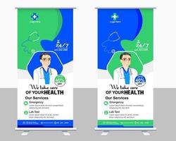 design de modelo de vetor de banner médico ou enquete para hospital de saúde. cuidados de saúde e médicos roll up e banner de design de pé.