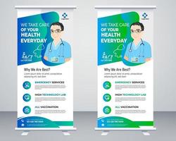 design de modelo de vetor de banner médico ou enquete para hospital de saúde. cuidados de saúde e médicos roll up e banner de design de pé.