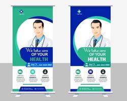 design de modelo de vetor de banner médico ou enquete para hospital de saúde. cuidados de saúde e médicos roll up e banner de design de pé.