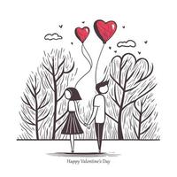 ilustração do dia dos namorados. amantes segurando balões em forma de coração vermelho no céu vetor