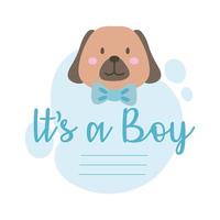 cartão de chá de bebê com cachorrinho e é um menino letras, estilo desenho à mão vetor