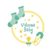 Cartão de chá de bebê com meias e letras de boas-vindas ao bebê, estilo desenho à mão vetor