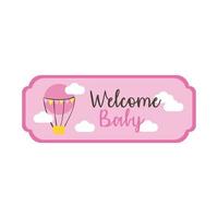 cartão de chuveiro de bebê com balão de ar quente e letras de boas-vindas do bebê, estilo desenho à mão vetor