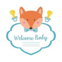 Cartão de chá de bebê com raposa e letras de boas-vindas ao bebê, estilo desenho à mão vetor