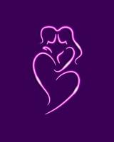 vínculo de amor, esboço de esboço elegante de um casal em forma de coração. lua de mel, silhueta de caligrafia dos namorados de homem e mulher se abraçando. efeito de luz brilhante neon rosa em fundo violeta vetor