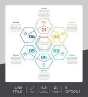 design de vetor infográfico de processo hexagonal com estilo colorido de 6 etapas para fins de apresentação. O infográfico de etapas de linha pode ser usado para negócios e marketing