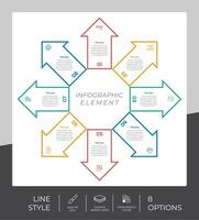 design de vetor infográfico de processo de seta com estilo colorido de 8 etapas para fins de apresentação. O infográfico de etapas de linha pode ser usado para negócios e marketing