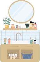 interior de casa de banho moderna com espelho, mesa de pia, prateleiras. ilustração vetorial, estilo simples. vetor