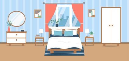 interior do quarto moderno. cama, guarda-roupa, guarda-roupa, plantas, quadros, decoração. ilustração vetorial em estilo simples.