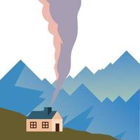casa com fumaça na frente de montanhas desenho vetorial vetor