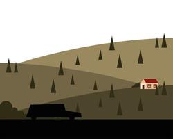 silhueta do carro e casa na montanha com pinheiros desenho vetorial de paisagem vetor