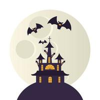 casa e lua de halloween com desenho vetorial de morcegos vetor