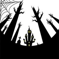 desenho de vetor de casa de halloween, túmulo e árvores nuas