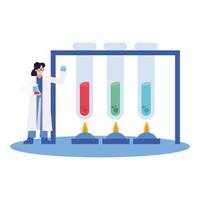 tubos de química com chamas e desenho vetorial de mulher química vetor