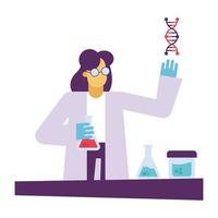 mulher química com frascos e DNA em desenho vetorial de mesa vetor