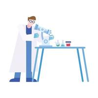homem químico com microscópio e frascos em desenho vetorial de mesa vetor