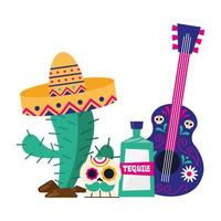 cacto mexicano com tequila crânio de chapéu e desenho vetorial de guitarra vetor