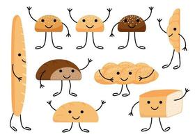 personagem de pão com rosto, grupo de comer bonito. saborosos bolos de padaria kawaii, conjunto de pães de desenho animado. pão feliz para hambúrguer, pão, tijolo de pão, croissant, pão torrado, baguete francesa, chalá. vetor