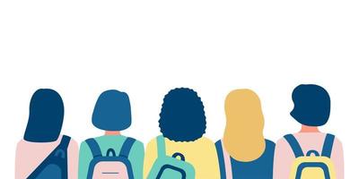 grupo de estudantes de pessoas com mochilas escolares, vista traseira. reunião de meninas de jovens amigos antes da educação. ilustração vetorial vetor