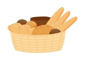cesta de vime com pão de pastelaria de trigo, grãos integrais e centeio, comida de padaria, pão. pão, tijolo de pão, pão torrado, baguete francesa, chalá. ilustração vetorial vetor